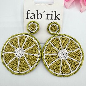 Seed Bead Lime Slice Drop Earrings Fabric Citrus Fruit Whimsical Fun Food Large